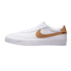 A white low-top sneaker with a brown swoosh, featuring a white sole and laces.