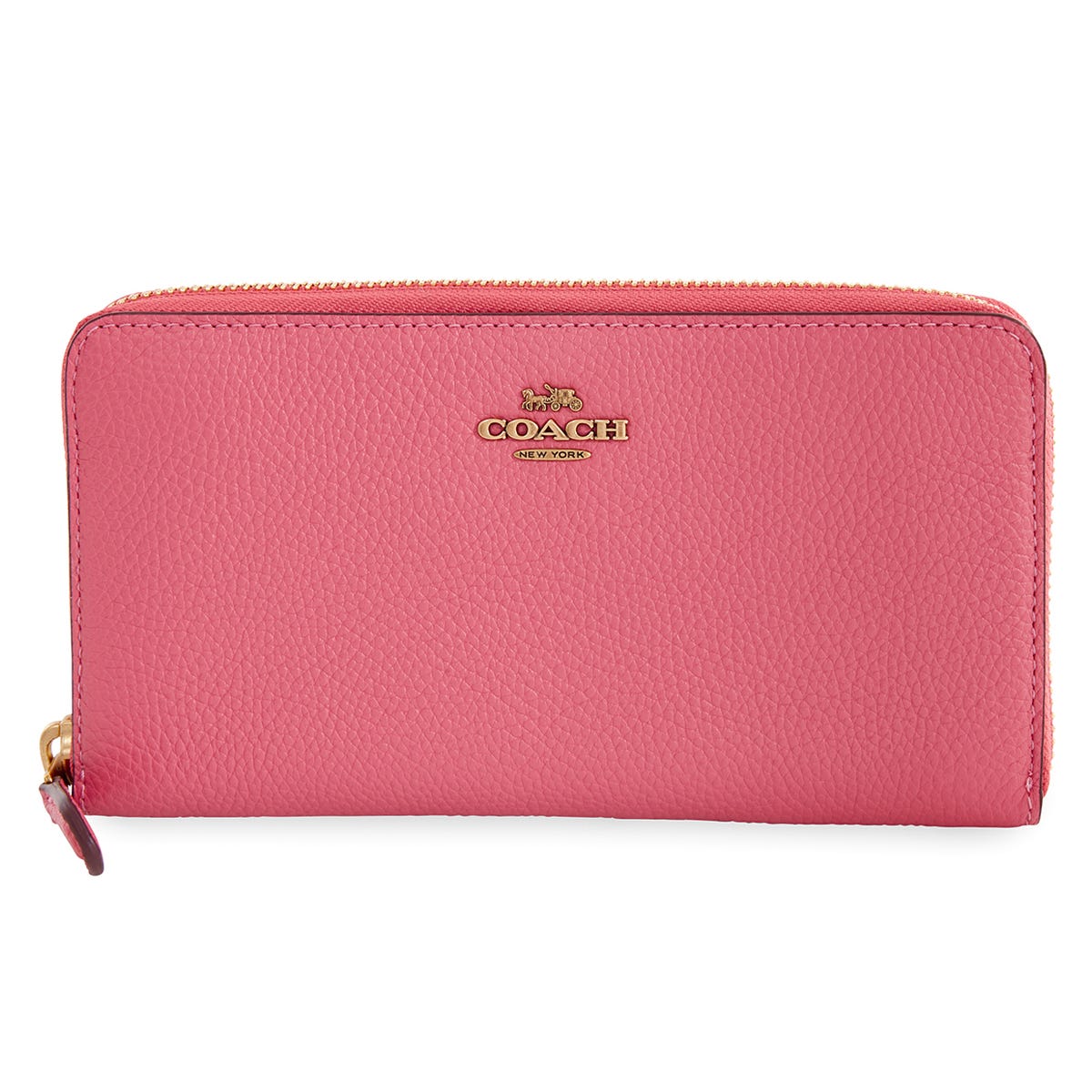 Coach women's wallet in pink pebble leather featuring a gold-tone logo with a zip-around closure.