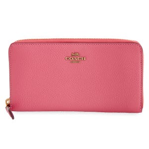 Coach women's wallet in pink pebble leather featuring a gold-tone logo with a zip-around closure.