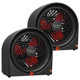 Two black desktop fans with red accents and the brand \“Sharper Image\“ on the front grille. They have a sleek, modern design.