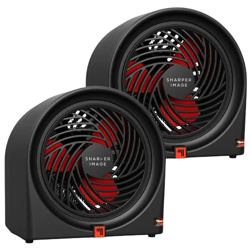 Two black desktop fans with red accents and the brand \“Sharper Image\“ on the front grille. They have a sleek, modern design.