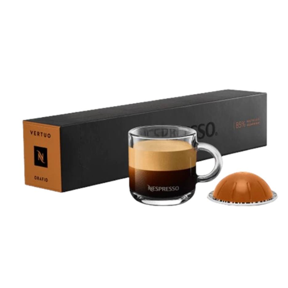 Nespresso VertuoLine Orafio consists of a Nespresso coffee capsule and a brewed espresso with a thick crema in a glass cup, packaged in a sleek black box with orange accents.