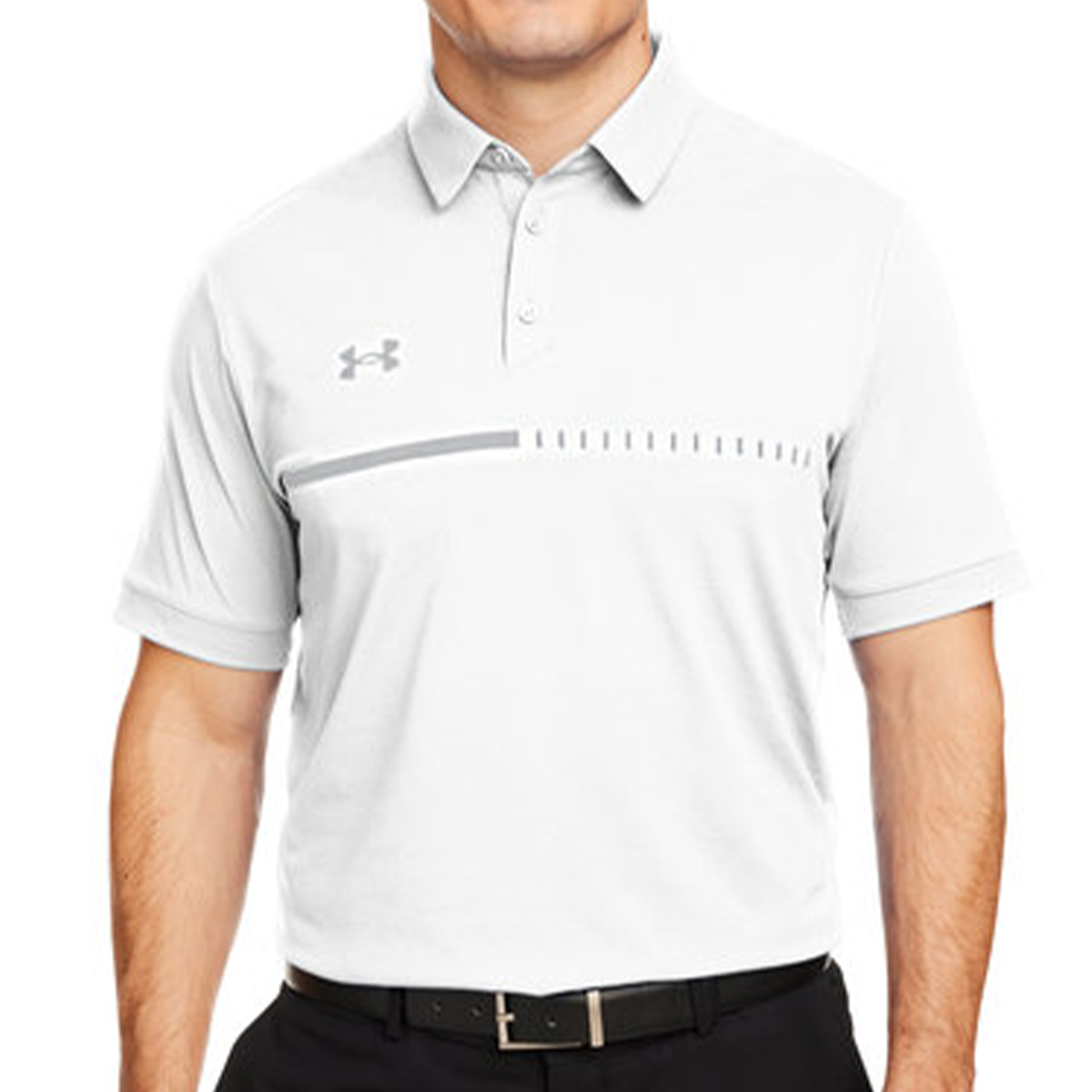 A white Under Armour polo shirt with a subtle horizontal stripe design across the chest, featuring a small logo on the left side. The shirt has a classic collar and short sleeves.