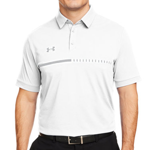 A white Under Armour polo shirt with a subtle horizontal stripe design across the chest, featuring a small logo on the left side. The shirt has a classic collar and short sleeves.
