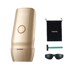 A gold hair removal device with a power button, accompanied by a black storage pouch, a pair of protective glasses, and a razor.