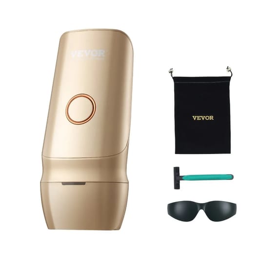 A gold hair removal device with a power button, accompanied by a black storage pouch, a pair of protective glasses, and a razor.