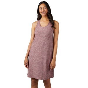 A sleeveless, knee-length dress in a heathered red fabric, featuring a racerback design and scoop neckline, suitable for casual wear.