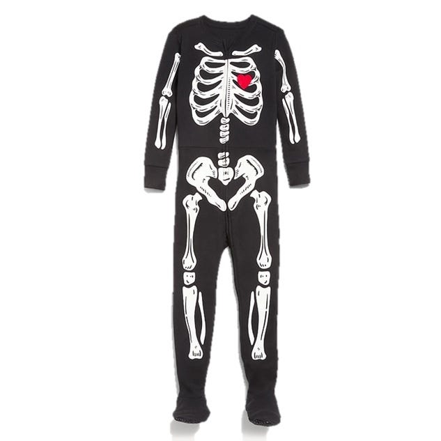 Black skeleton-themed onesie with white bone designs and a red heart on the chest.