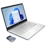A silver HP laptop with a light-colored keyboard is displayed next to a matching wireless mouse. The screen shows the Windows 11 interface.