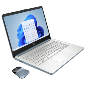 A silver HP laptop with a light-colored keyboard is displayed next to a matching wireless mouse. The screen shows the Windows 11 interface.