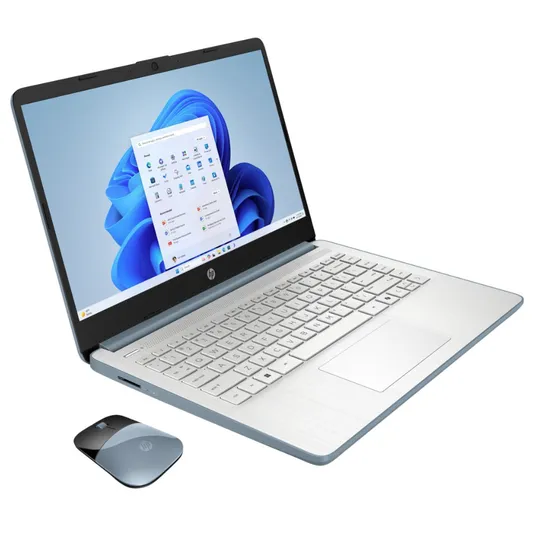 A silver HP laptop with a light-colored keyboard is displayed next to a matching wireless mouse. The screen shows the Windows 11 interface.