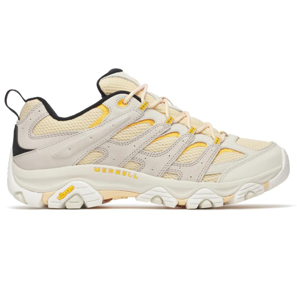 Merrell hiking sneaker featuring a beige and yellow color scheme, breathable mesh upper, suede overlays, and a Vibram sole for traction.