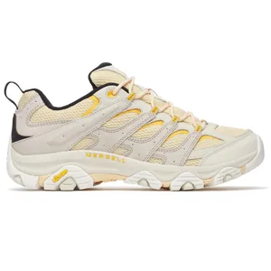 Merrell hiking sneaker featuring a beige and yellow color scheme, breathable mesh upper, suede overlays, and a Vibram sole for traction.