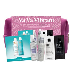 Va Va Vibrant 5 PC Discovery Bag includes Moroccanoil Color Care, Goldwell Stylesign, CHI Silk Infusion, and Verb Shampoo & Conditioner samples, valued over $63.