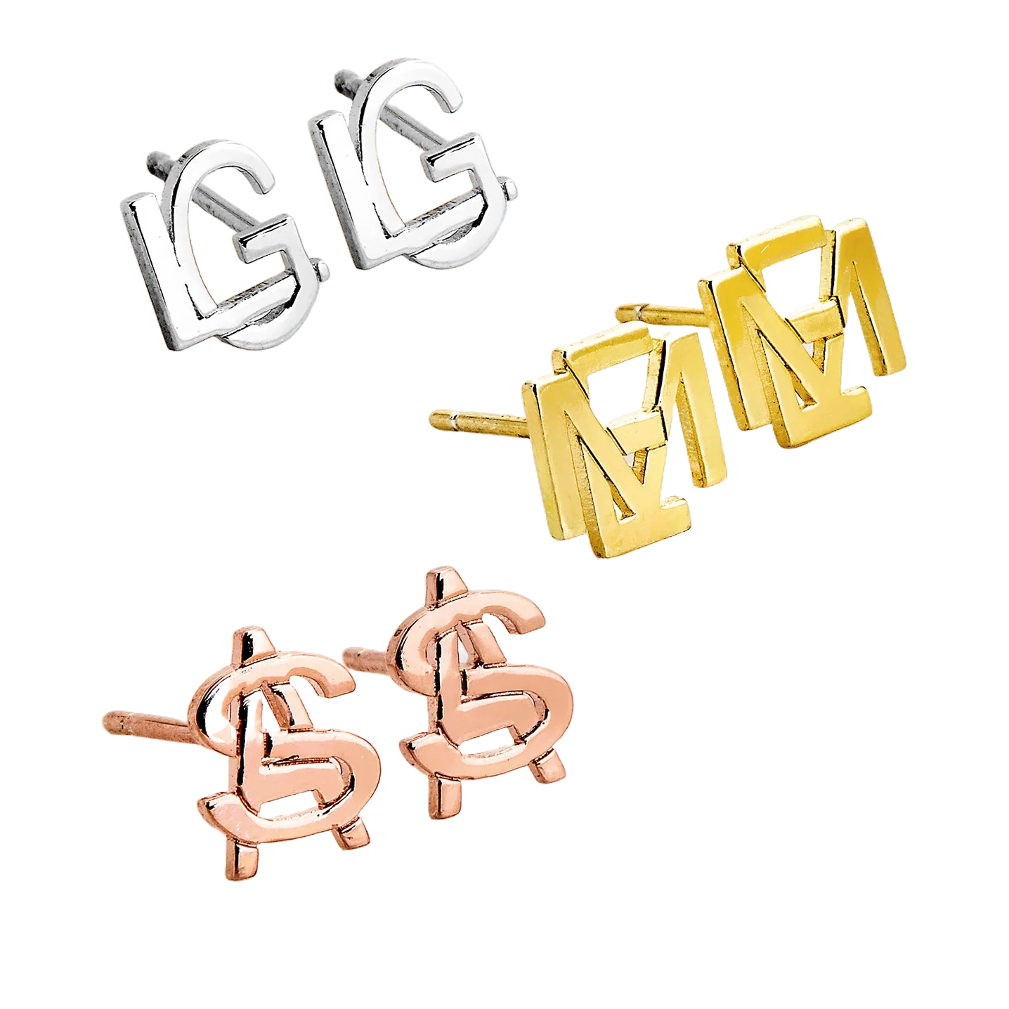 Three pairs of metal earrings in different finishes: silver LG, gold ME, and rose gold CS.