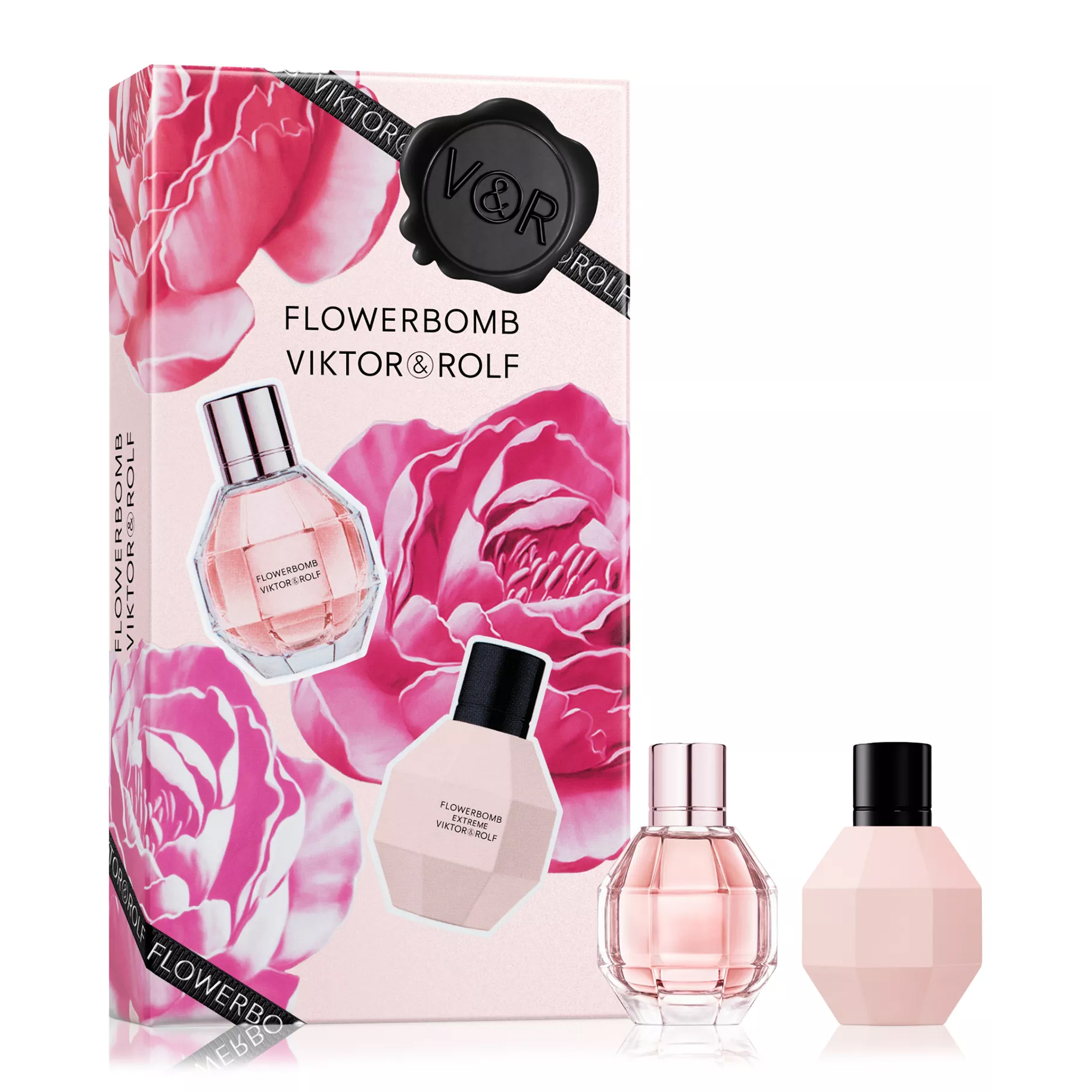 Viktor & Rolf Flowerbomb gift set featuring a fragrance bottle and body lotion, with a floral-themed packaging.