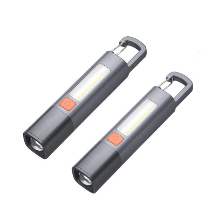 Two gray and orange LED flashlights with a cylindrical shape, featuring a front-facing light and a side panel of LED bulbs. Each has a carabiner clip for easy attachment.