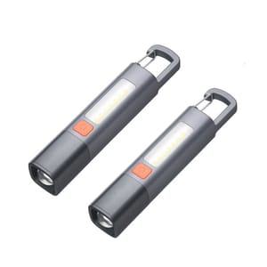 Two gray and orange LED flashlights with a cylindrical shape, featuring a front-facing light and a side panel of LED bulbs. Each has a carabiner clip for easy attachment.