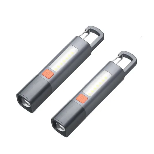 Two gray and orange LED flashlights with a cylindrical shape, featuring a front-facing light and a side panel of LED bulbs. Each has a carabiner clip for easy attachment.