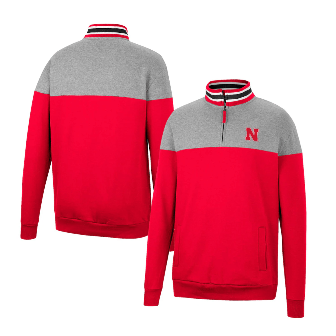 Red and gray quarter-zip pullover with striped collar and \“N\“ logo on the chest. Features side pockets and ribbed cuffs and hem.