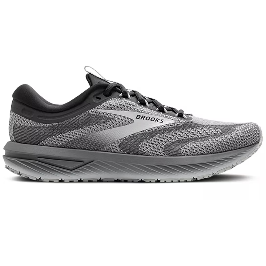 Gray Brooks running shoe with a mesh upper, black and white accents, and a cushioned sole.