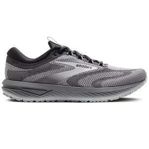 Gray Brooks running shoe with a mesh upper, black and white accents, and a cushioned sole.