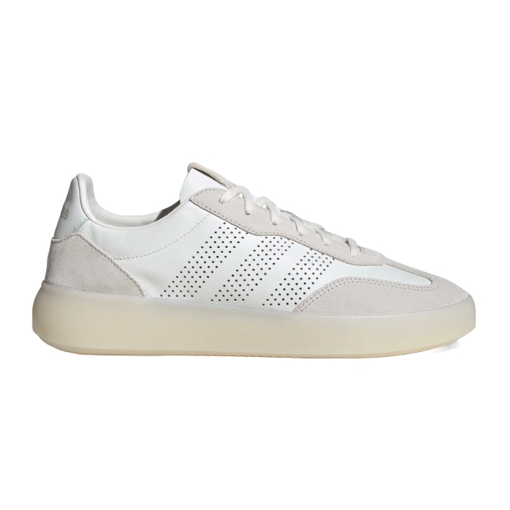 Adidas Barreda Decode Shoes feature a sleek, low-profile design with a white upper, light beige accents, and perforated three-stripe detailing. The shoe has a thick, off-white sole, with a minimalist and modern aesthetic.