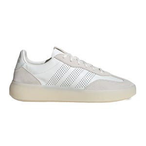 Adidas Barreda Decode Shoes feature a sleek, low-profile design with a white upper, light beige accents, and perforated three-stripe detailing. The shoe has a thick, off-white sole, with a minimalist and modern aesthetic.