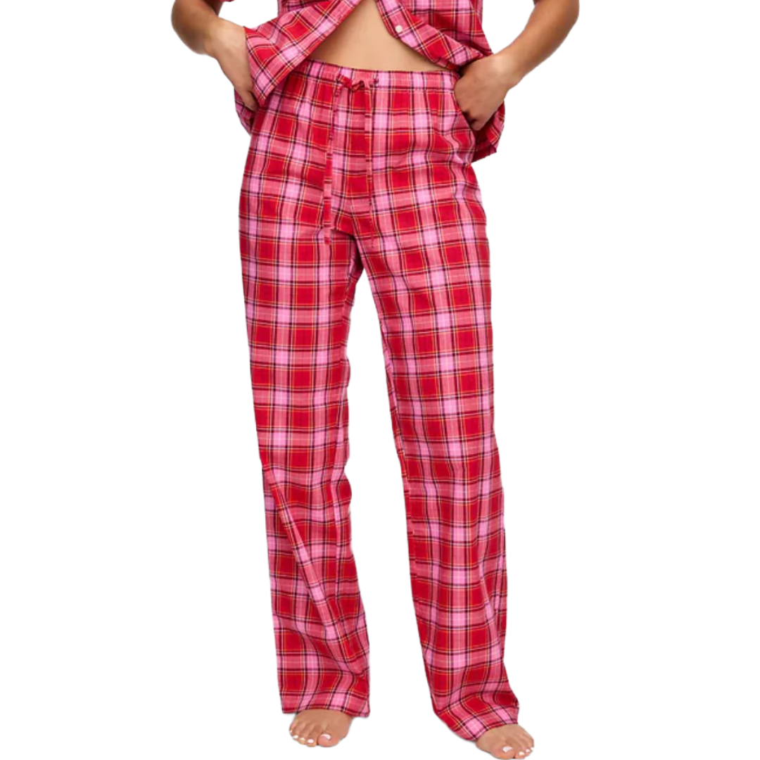 Red and pink plaid pajama pants with an adjustable drawstring waist and button fly, featuring a relaxed fit and straight leg design.