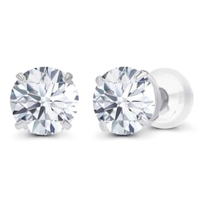 A pair of round-cut diamond stud earrings with four-prong settings and screw-back closures, set in a metallic finish.