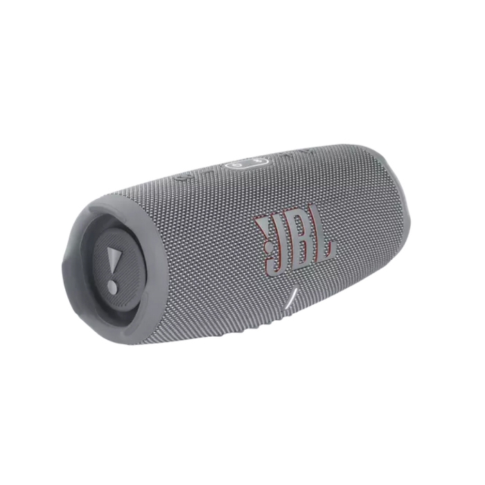 Refurbished JBL Charge 5 Speaker, featuring a compact cylindrical design, gray color, visible logo, and end caps for enhanced bass.