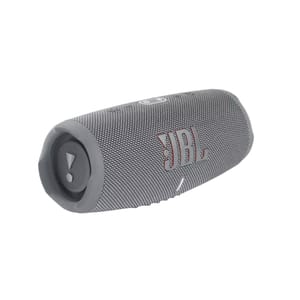 Refurbished JBL Charge 5 Speaker, featuring a compact cylindrical design, gray color, visible logo, and end caps for enhanced bass.
