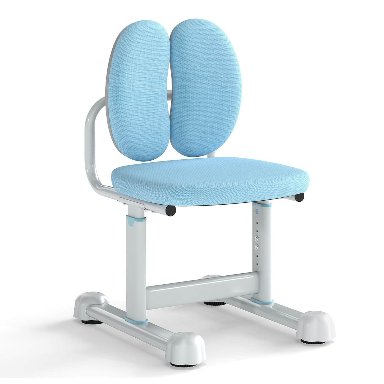 A blue ergonomic chair with a split backrest and adjustable height, designed for comfort and support.