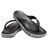 Black Crocs Bayaband Flip Flop Sandals featuring a thong strap design, cushioned footbeds, and the Crocs logo on the side, with a sporty black and white stripe around the sole.