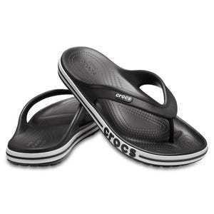 Black Crocs Bayaband Flip Flop Sandals featuring a thong strap design, cushioned footbeds, and the Crocs logo on the side, with a sporty black and white stripe around the sole.