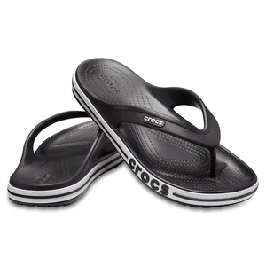 Black Crocs Bayaband Flip Flop Sandals featuring a thong strap design, cushioned footbeds, and the Crocs logo on the side, with a sporty black and white stripe around the sole.