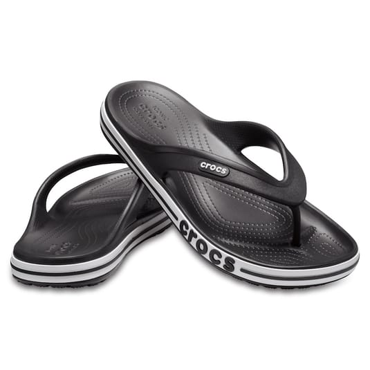 Black Crocs Bayaband Flip Flop Sandals featuring a thong strap design, cushioned footbeds, and the Crocs logo on the side, with a sporty black and white stripe around the sole.