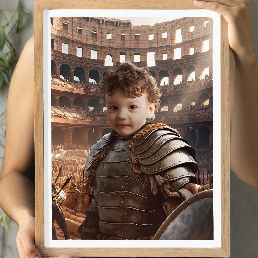 A framed picture featuring a child dressed as a medieval knight with armor, set against a Colosseum backdrop.