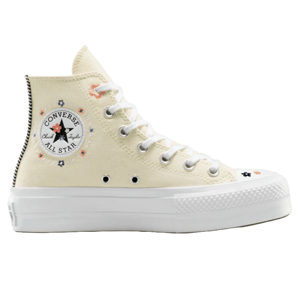 The Converse Petite Petals Shoes are high-top sneakers in a cream color featuring floral embroidery around the logo, with a white rubber sole and black detailing at the heel.