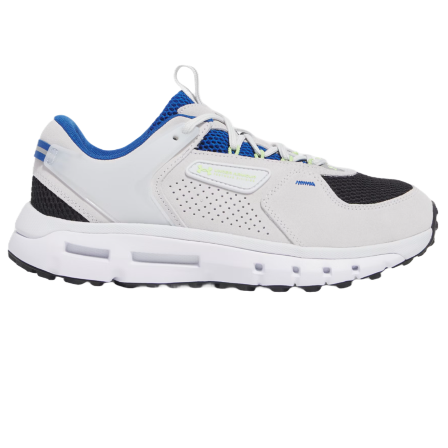 A sporty sneaker featuring a white and black sole, a gray upper with perforations, blue accents, and a black toe cap.