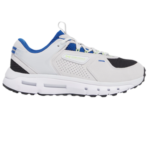 A sporty sneaker featuring a white and black sole, a gray upper with perforations, blue accents, and a black toe cap.