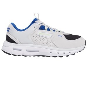 A sporty sneaker featuring a white and black sole, a gray upper with perforations, blue accents, and a black toe cap.