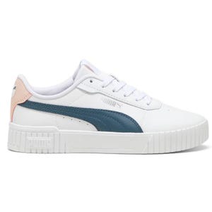White Puma sneakers with blue side stripe and pink heel accent, featuring a textured sole and lace-up design.