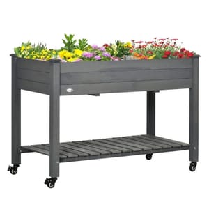 A gray elevated garden bed on wheels with colorful flowers, featuring a lower slatted shelf for additional storage.