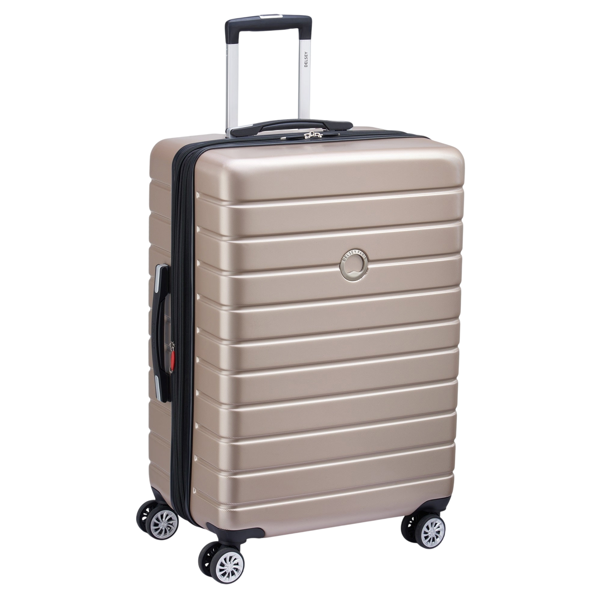 A gold-colored, hard-shell suitcase with a telescopic handle and four double-spinner wheels for easy mobility.