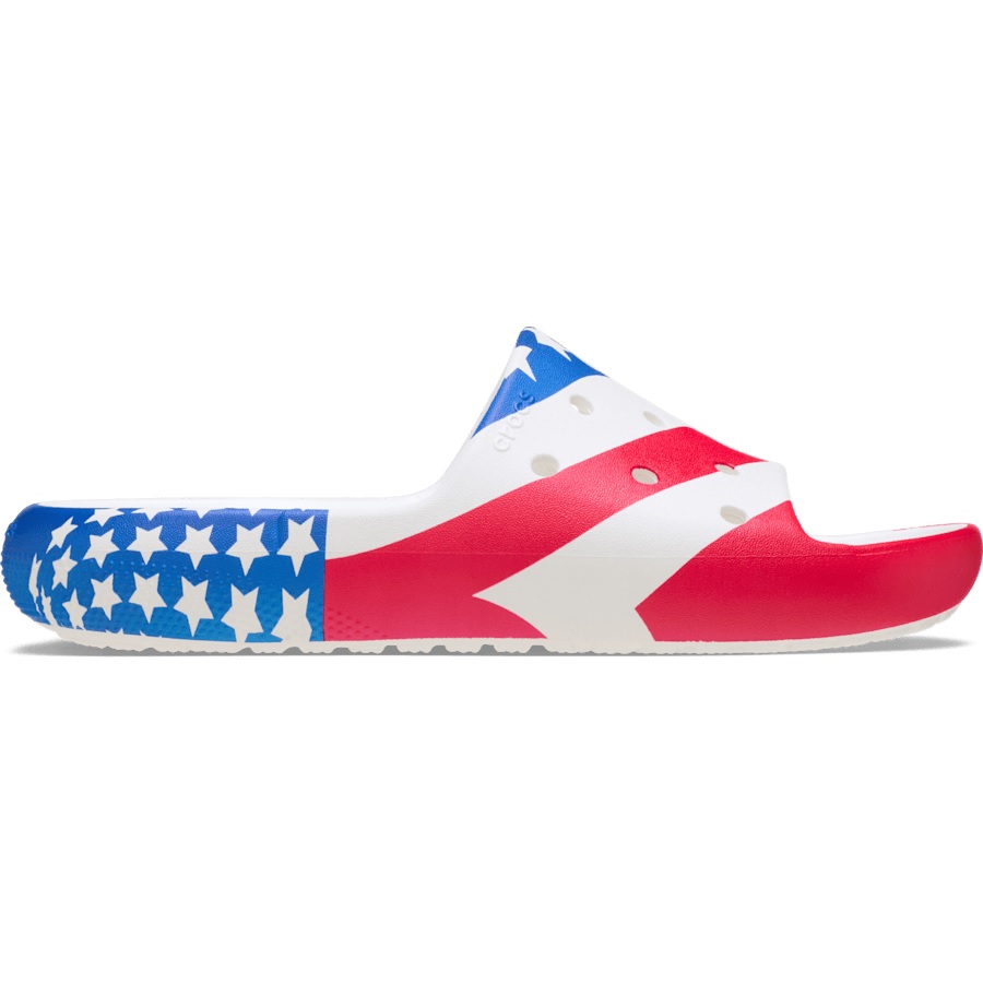 Patriotic-themed slide sandal featuring a mix of red, white, and blue with star patterns.