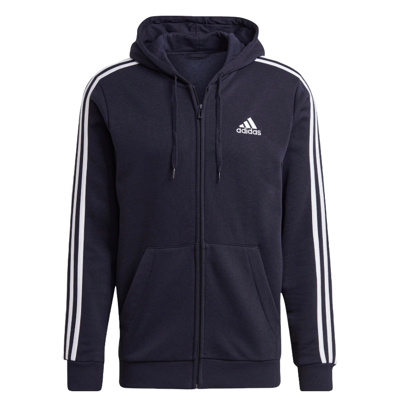 A navy blue Adidas hooded zip-up sweatshirt with white stripes on the sleeves and a logo on the chest.