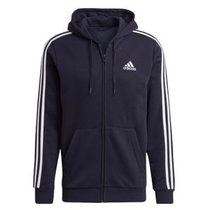 A navy blue Adidas hooded zip-up sweatshirt with white stripes on the sleeves and a logo on the chest.
