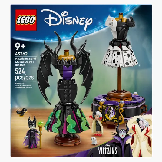 LEGO Disney set 43262 features Maleficent's and Cruella De Vil's dresses, with 524 pieces designed for ages 9 and up, part of the Disney Villains collection.