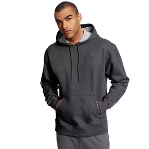 The Champion Powerblend Fleece Hoodie is a dark gray pullover with a drawstring hood, a front kangaroo pocket, and a small embroidered logo on the chest. It features ribbed cuffs and hem for a comfortable fit.